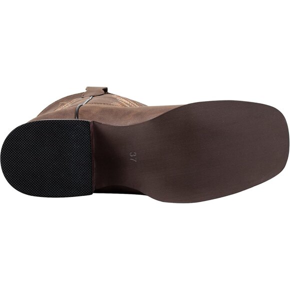 Women's Brown Calf-High Fashion Square Toe Faux Leather Western Cowgirl Boots - Picture 9 of 9